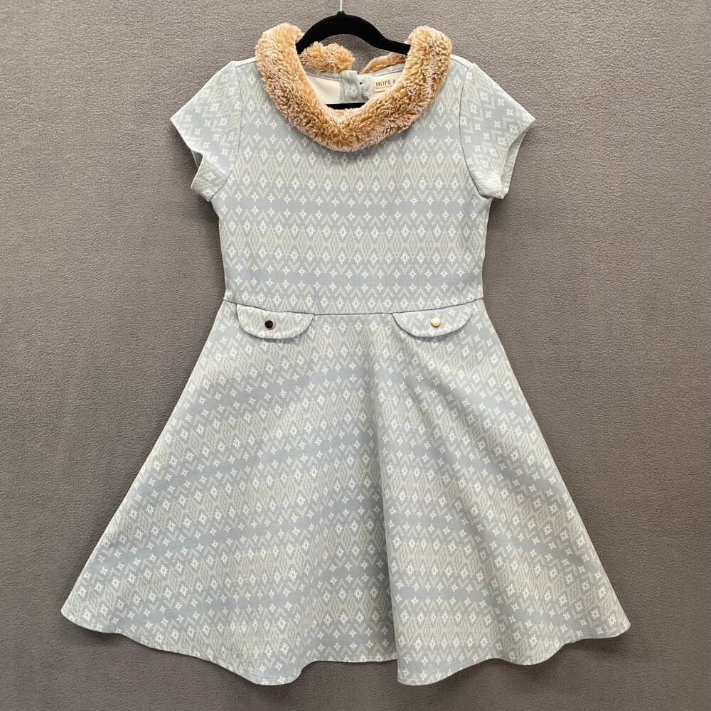 Hope Henry‎ Faux Fur Trim Organic Cotton A Line Dress Girls 10 Blue Short Sleeve